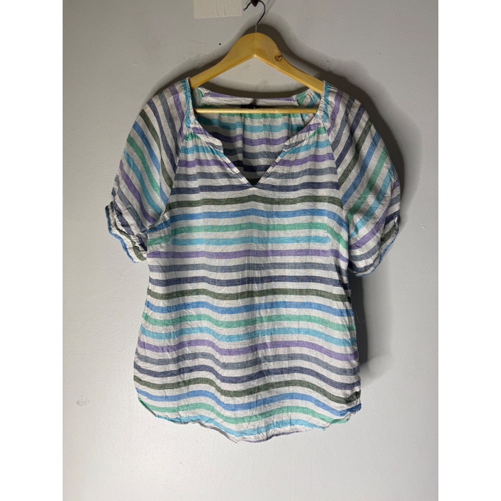 Talbots Women Blue Green Purple Striped 100% Linen Split Neck Blouse Large